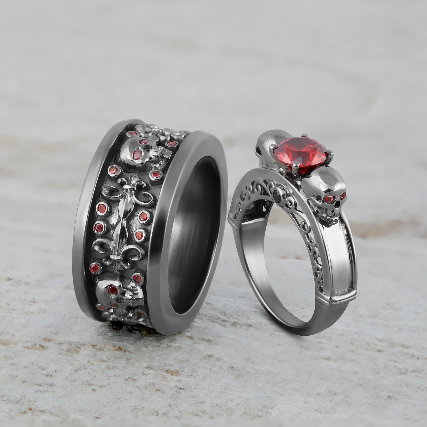 Fleur De Lis Skull Wedding Rings Gothic Couple Set Sterling Silver