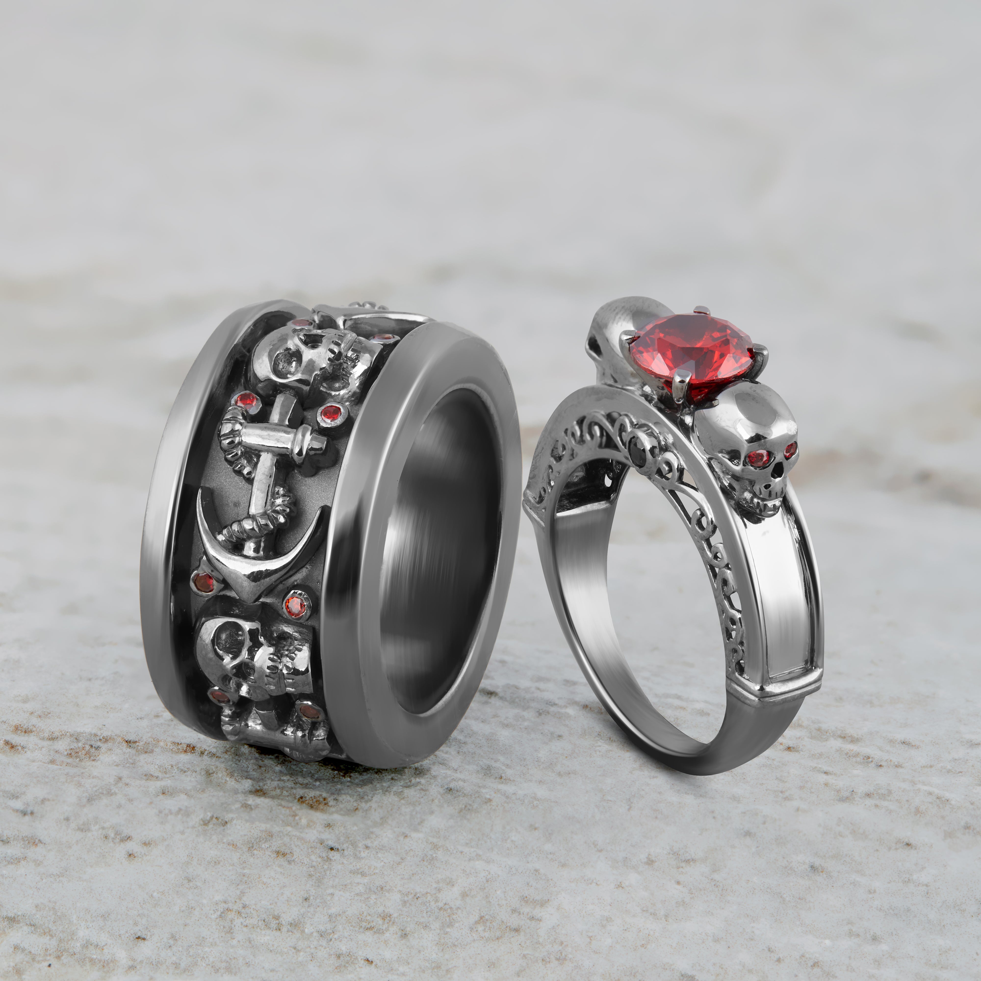 Matching Skull Engagement Rings His and Her Couple Skull Rings