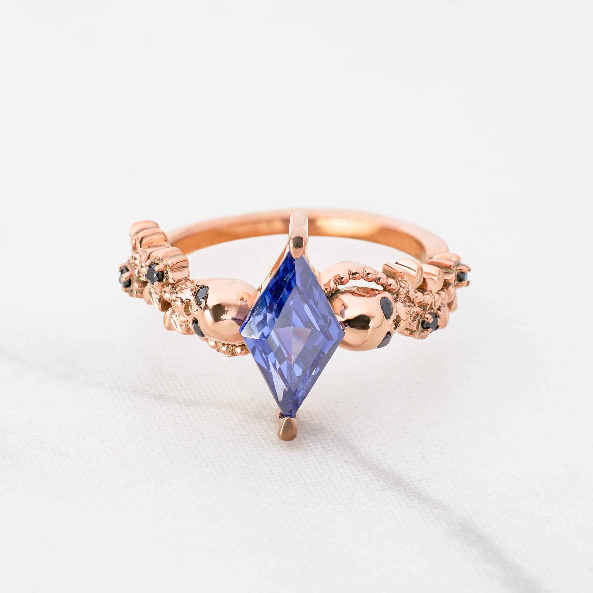 Floral Art Deco Skull Ring Blue Titanic Gemstone Kite Cut Gothic Engagement Rings Rose gold