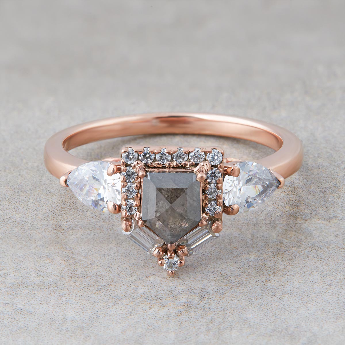 Shield Cut Salt and Pepper Engagement Ring