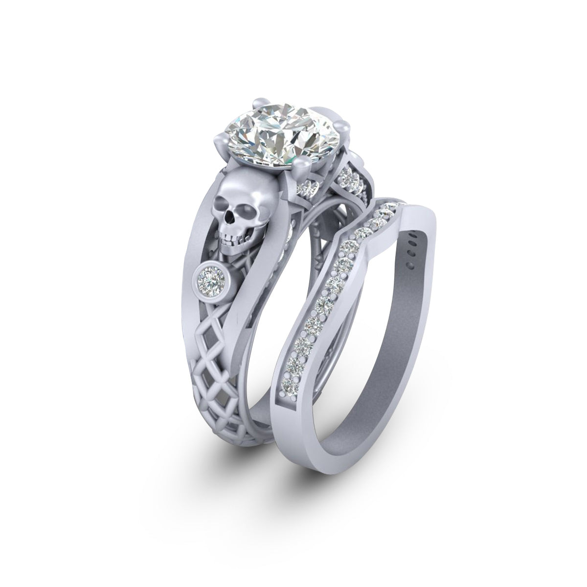 Moissanite Skull Engagement Ring Set Bridal Wedding Rings Silver