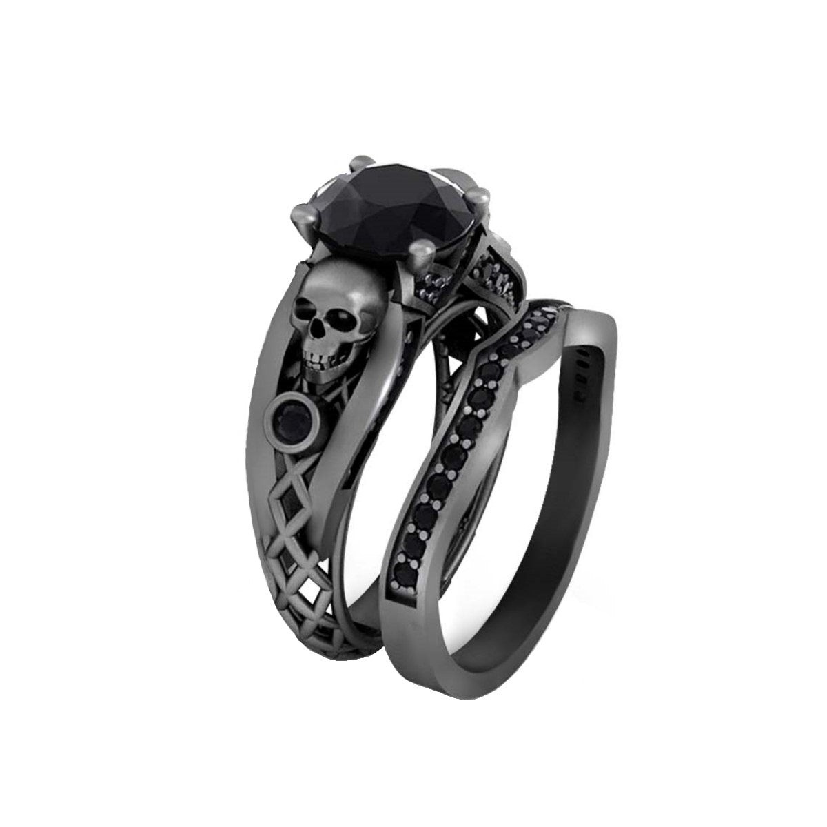 Mesh Skull Engagement Ring Set Black Onyx Gun Metal Finish