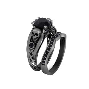 Mesh Skull Engagement Ring Set Black Onyx Gun Metal Finish