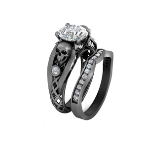 2.45TCW Diamond Skull Ring Set Mesh Gothic Gun Metal Finish