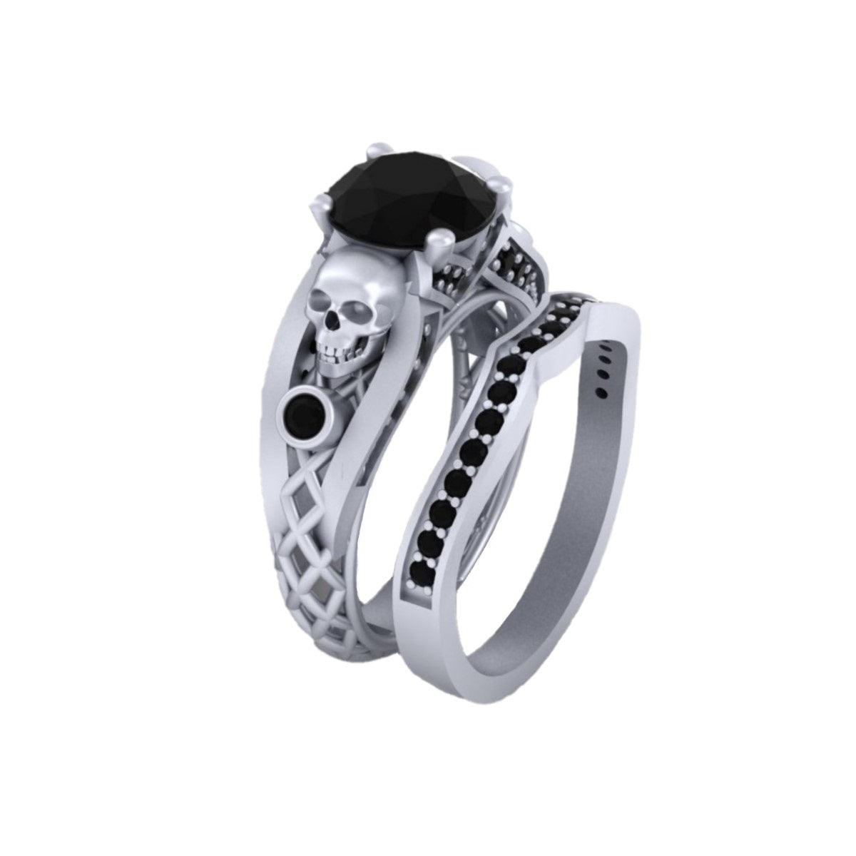 Onyx Skull Wedding Ring Set Mesh Gothic Skull Ring White Gold