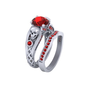 Red Garnet Skull Bridal Ring Set Mesh Gothic Engagement Ring Sterling Silver