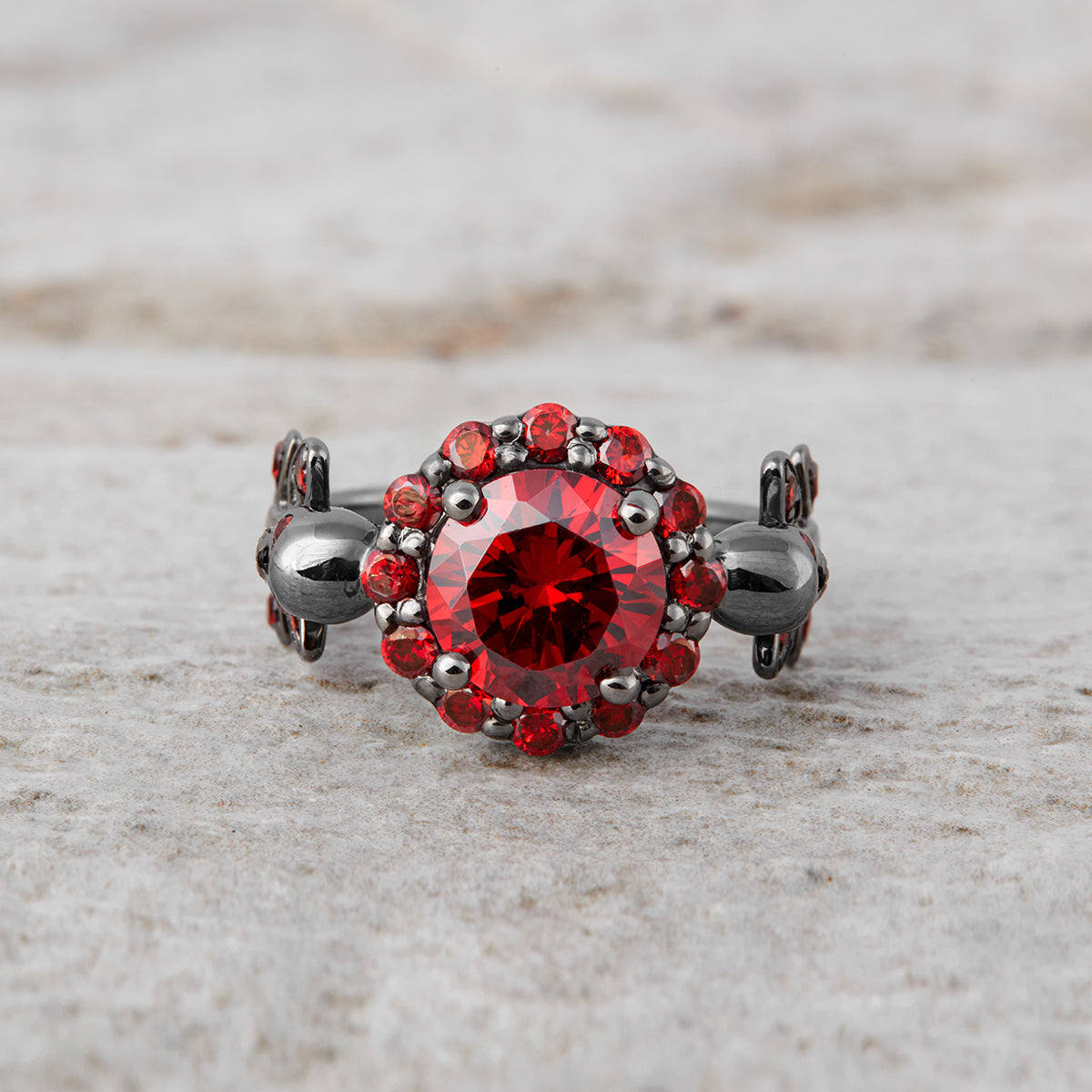 Halo Garnet Skull Wedding Ring Gothic Vampire Skull Ring Silver