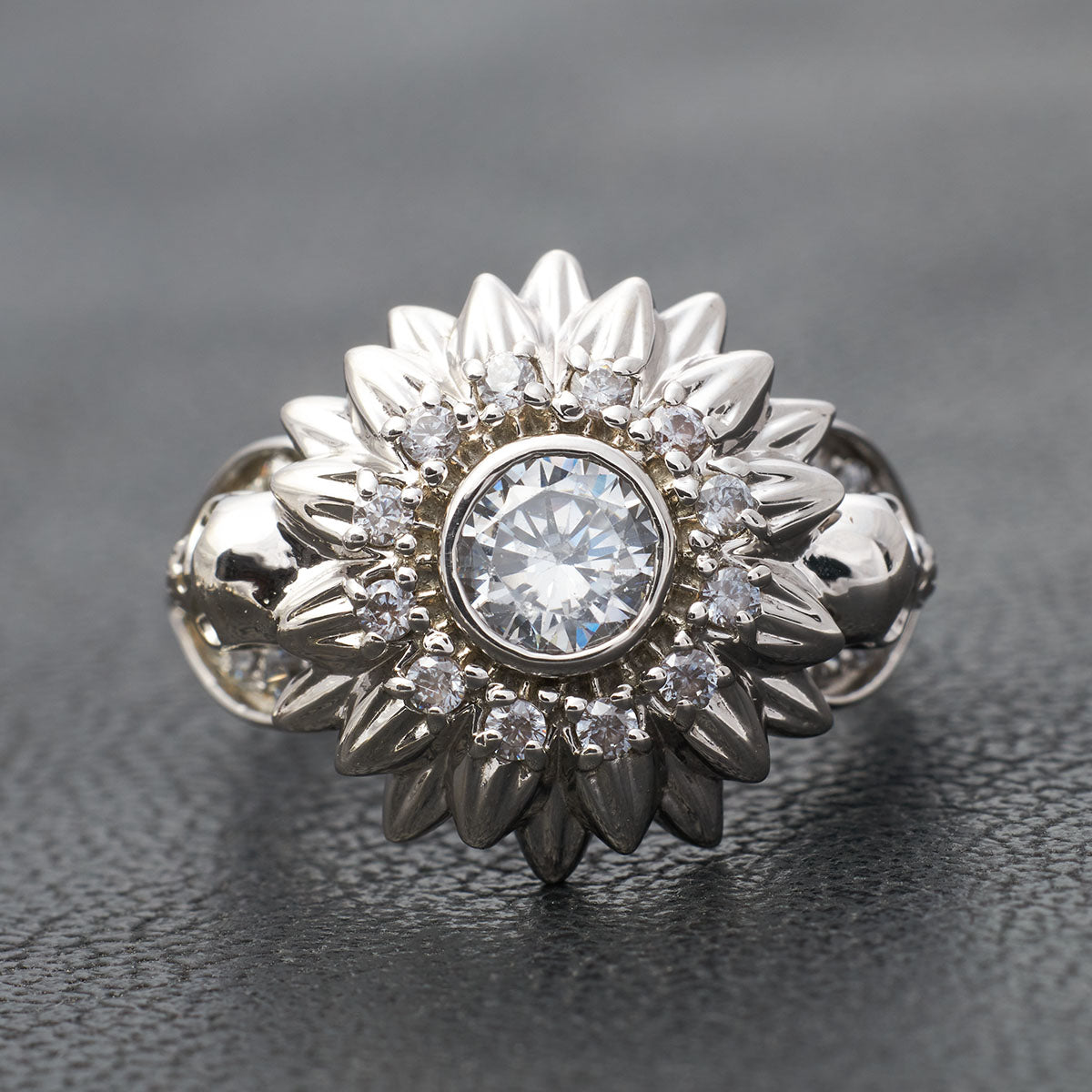 Diamond Flower Skull Ring Womens