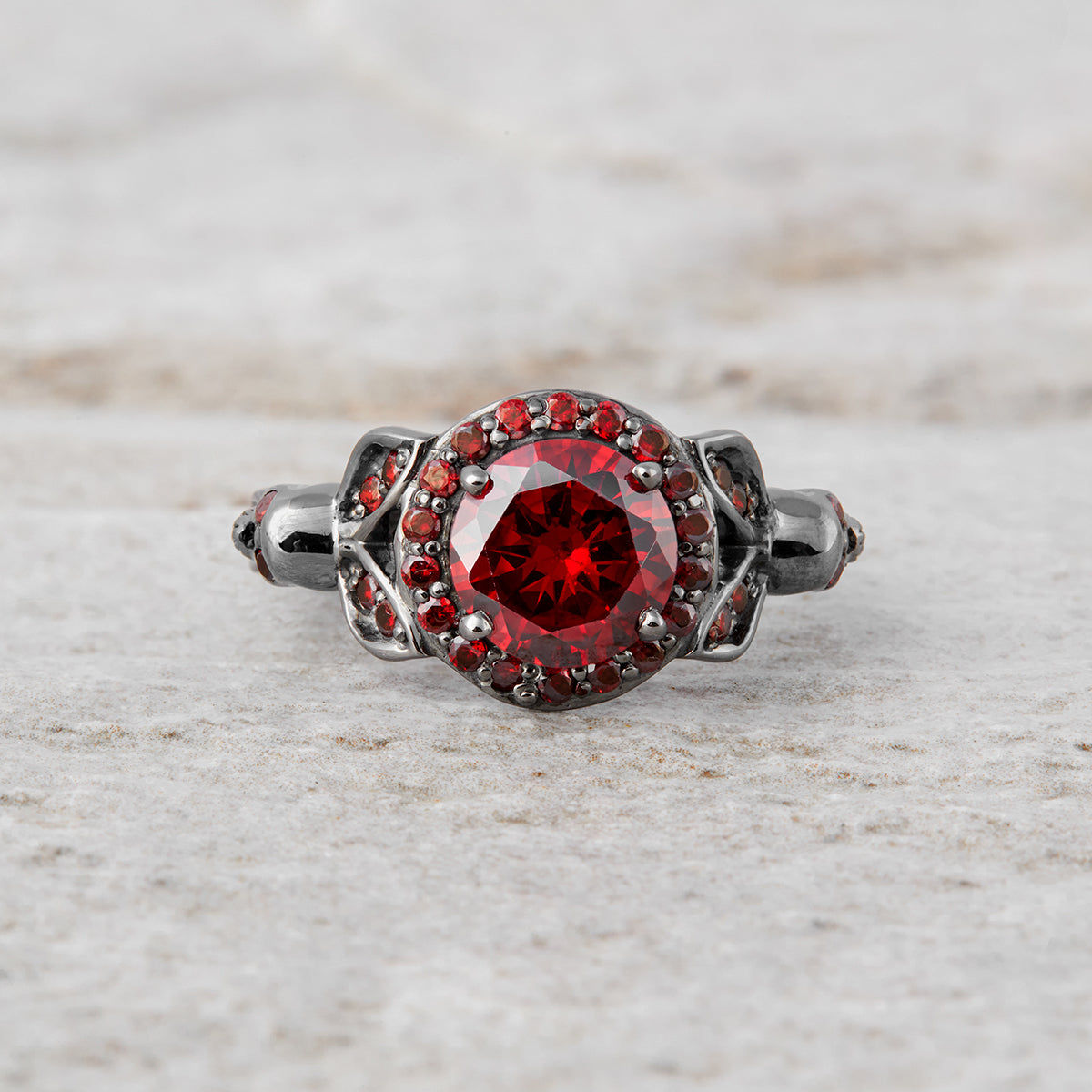 Halo Garnet Skull Engagement Ring Gothic Wedding Ring Silver