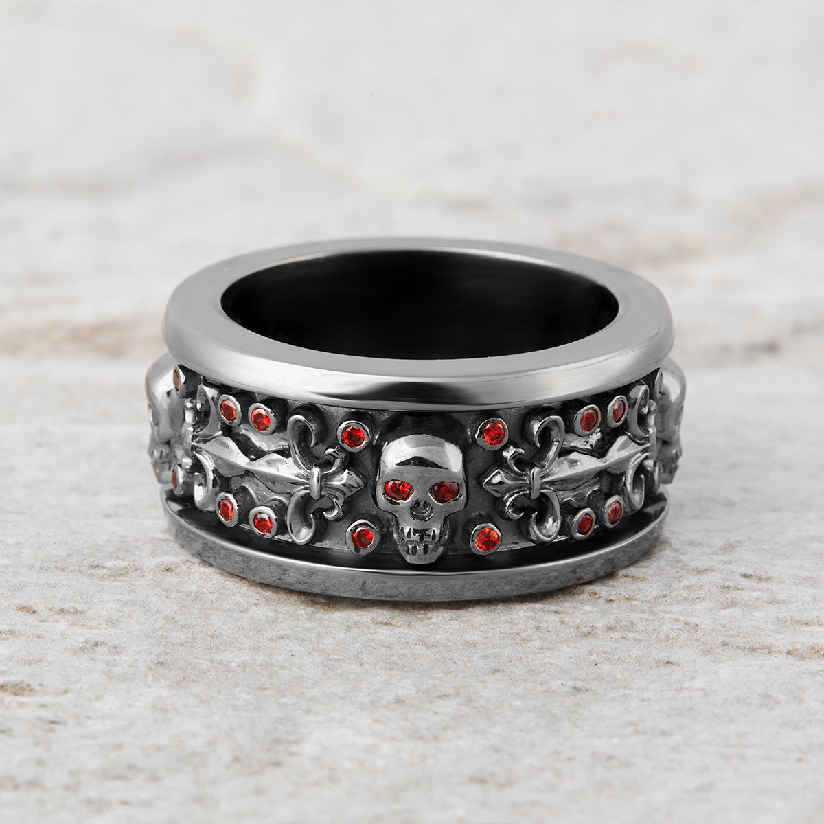 Garnet Skull Wedding Band Fleur De Lis Skull Band Badass Biker Ring