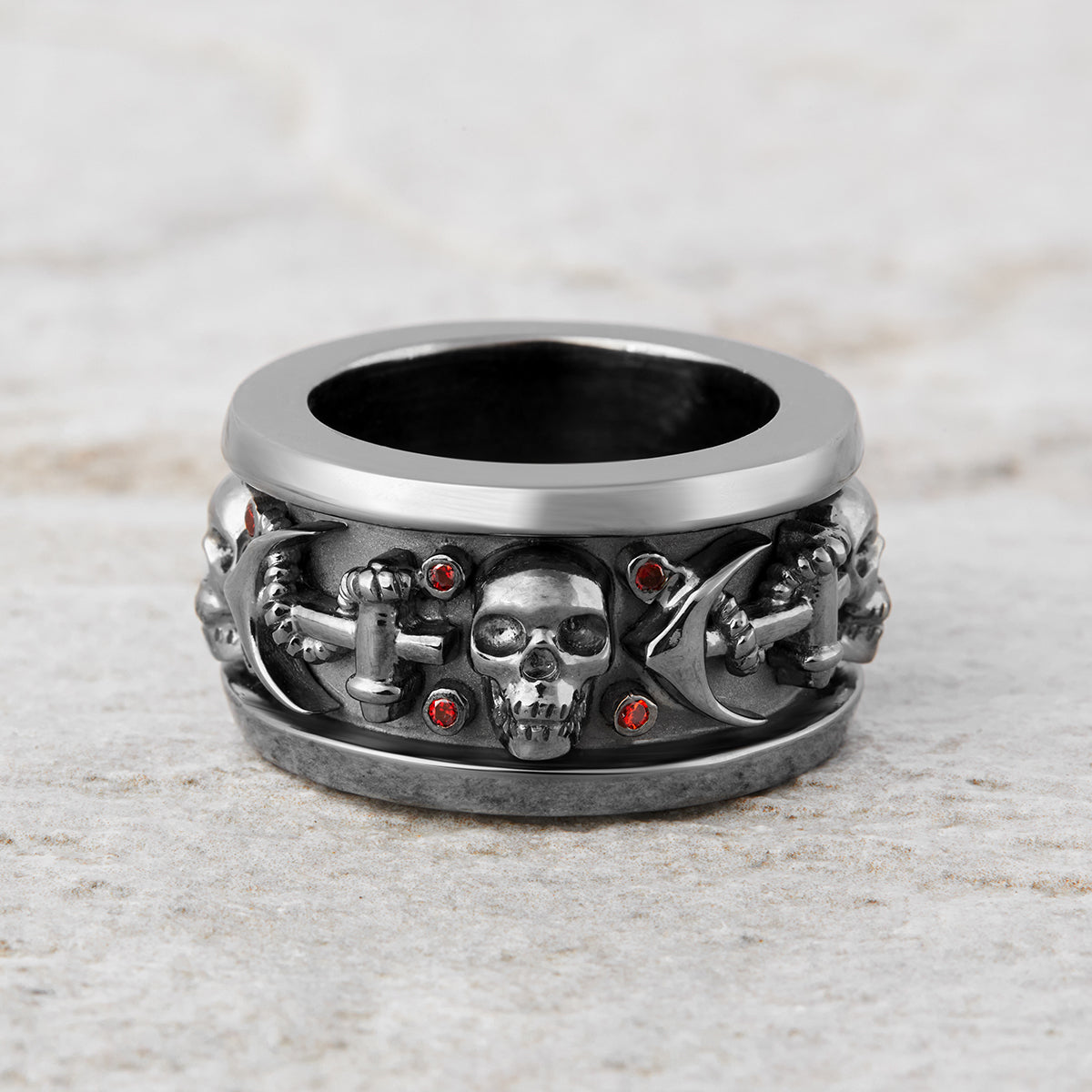 Badass Anchor Skull Band Red Garnet Gothic Skull Wedding Band Mens