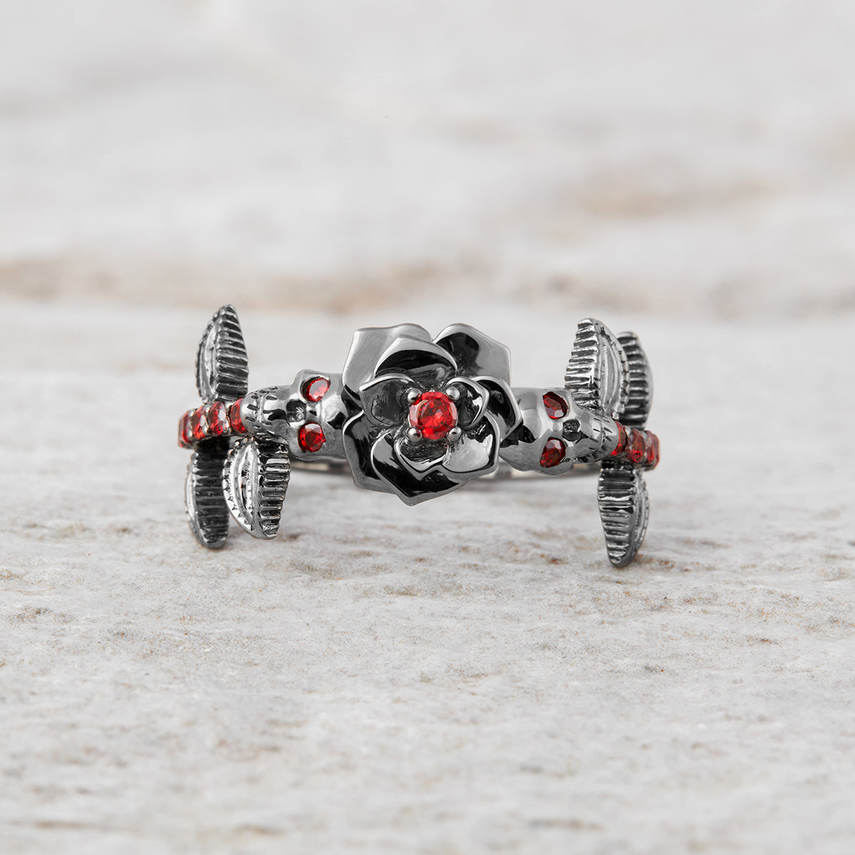 Rose Skull Engagement Ring Red Garnet Flower Gothic Gun Metal