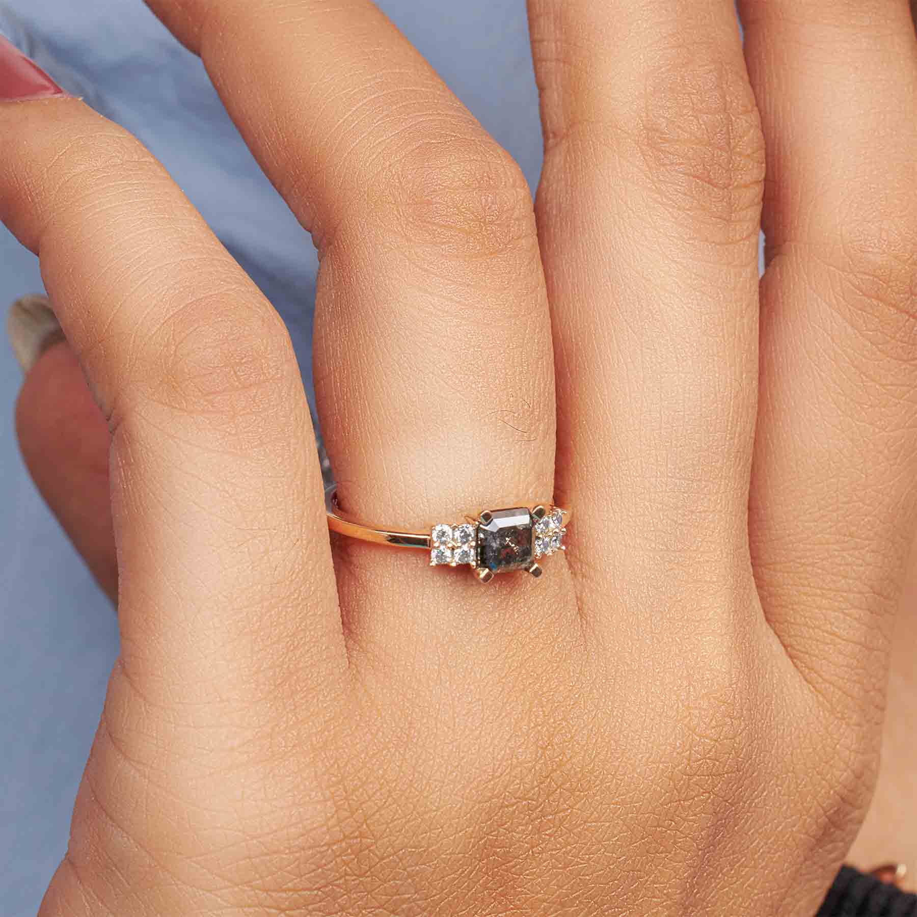 Square Emerald Cut Salt and Pepper Diamond Engagement Ring