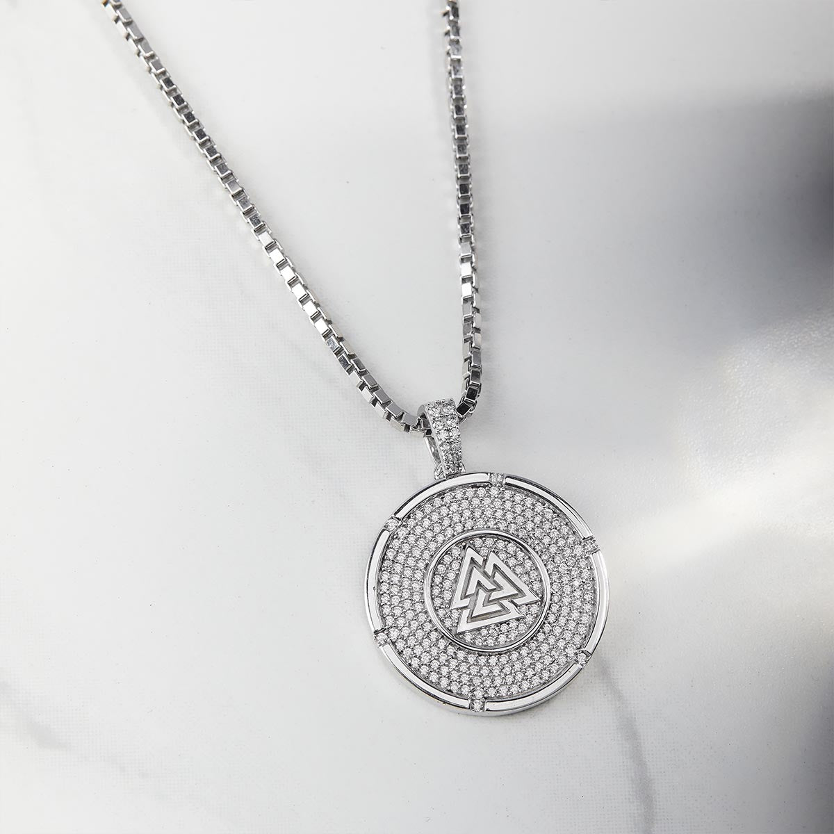 Iced Out Viking Valknut Necklace Norse Odin's Knot of the Slain Pendant Sterling Silver