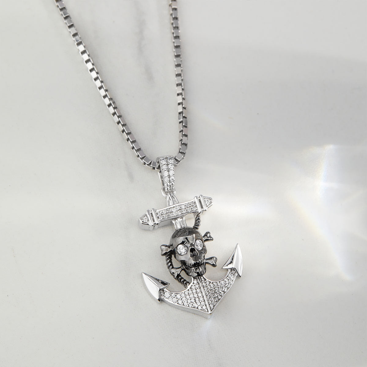 Skull and Anchor Necklace Two Tone Iced Out Gothic Jewelry Sterling Silver