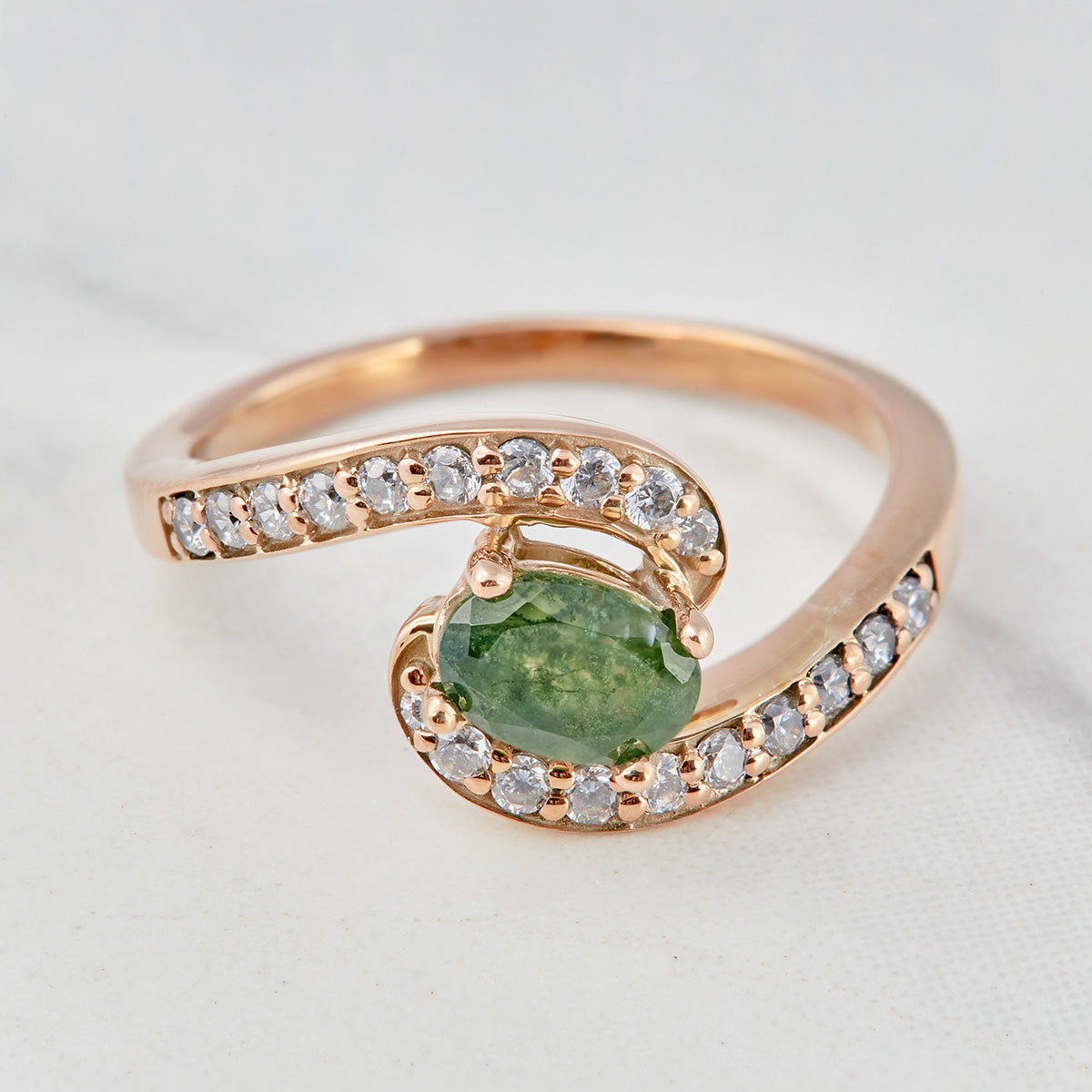 Oval Moss Agate Engagement Ring