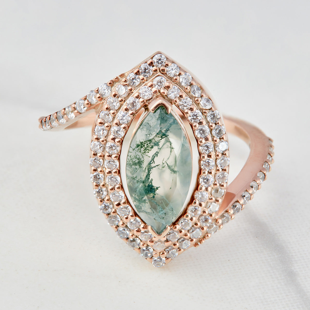 Moss Agate Double Halo Engagement Ring