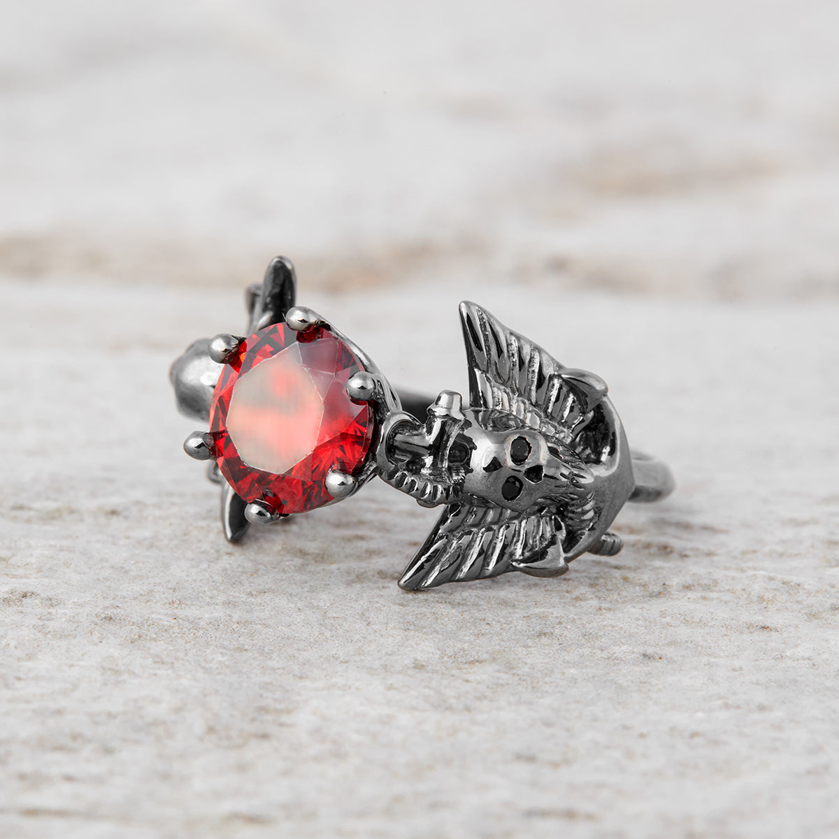 Anchor Wings Skull Engagement Ring Gothic Jewelry Red Garnet