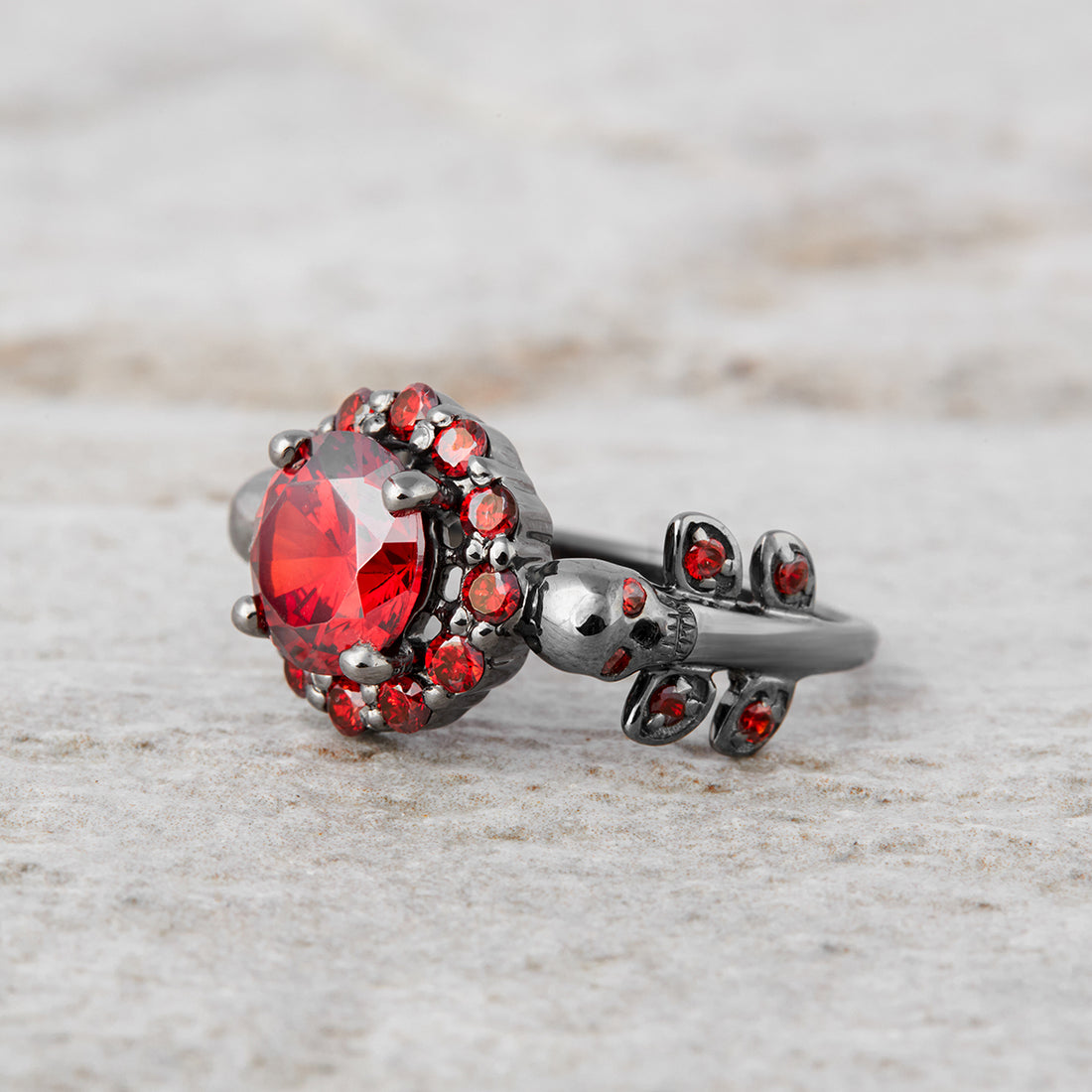 Halo Garnet Skull Wedding Ring Gothic Vampire Skull Ring Silver