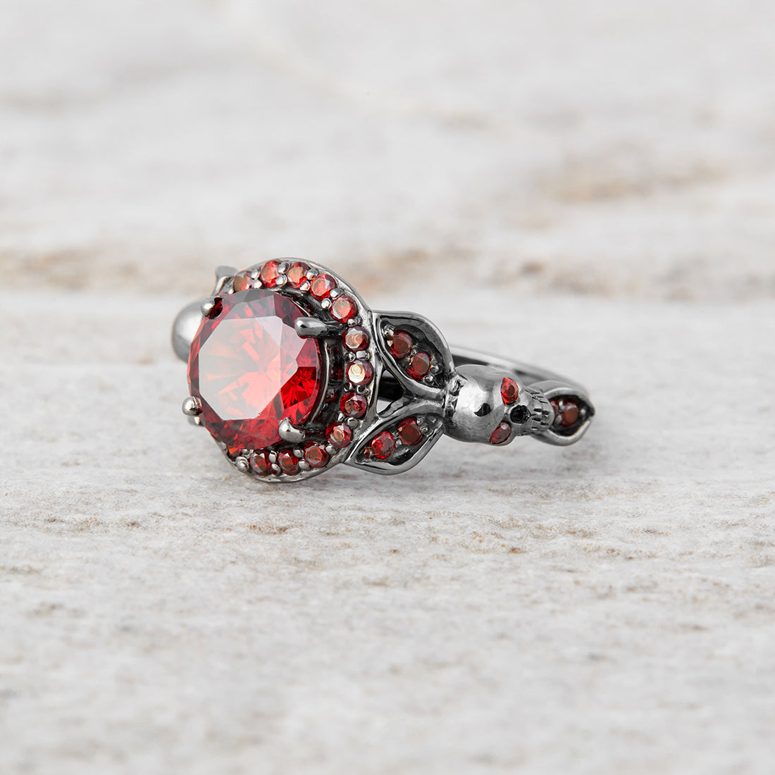 Halo Garnet Skull Engagement Ring Gothic Wedding Ring Silver