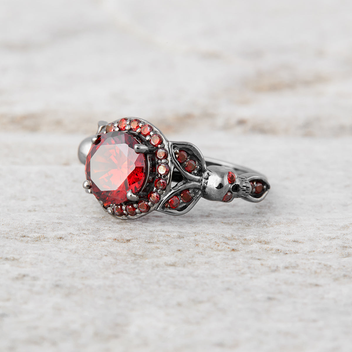 Halo Garnet Skull Engagement Ring Gothic Wedding Ring Silver
