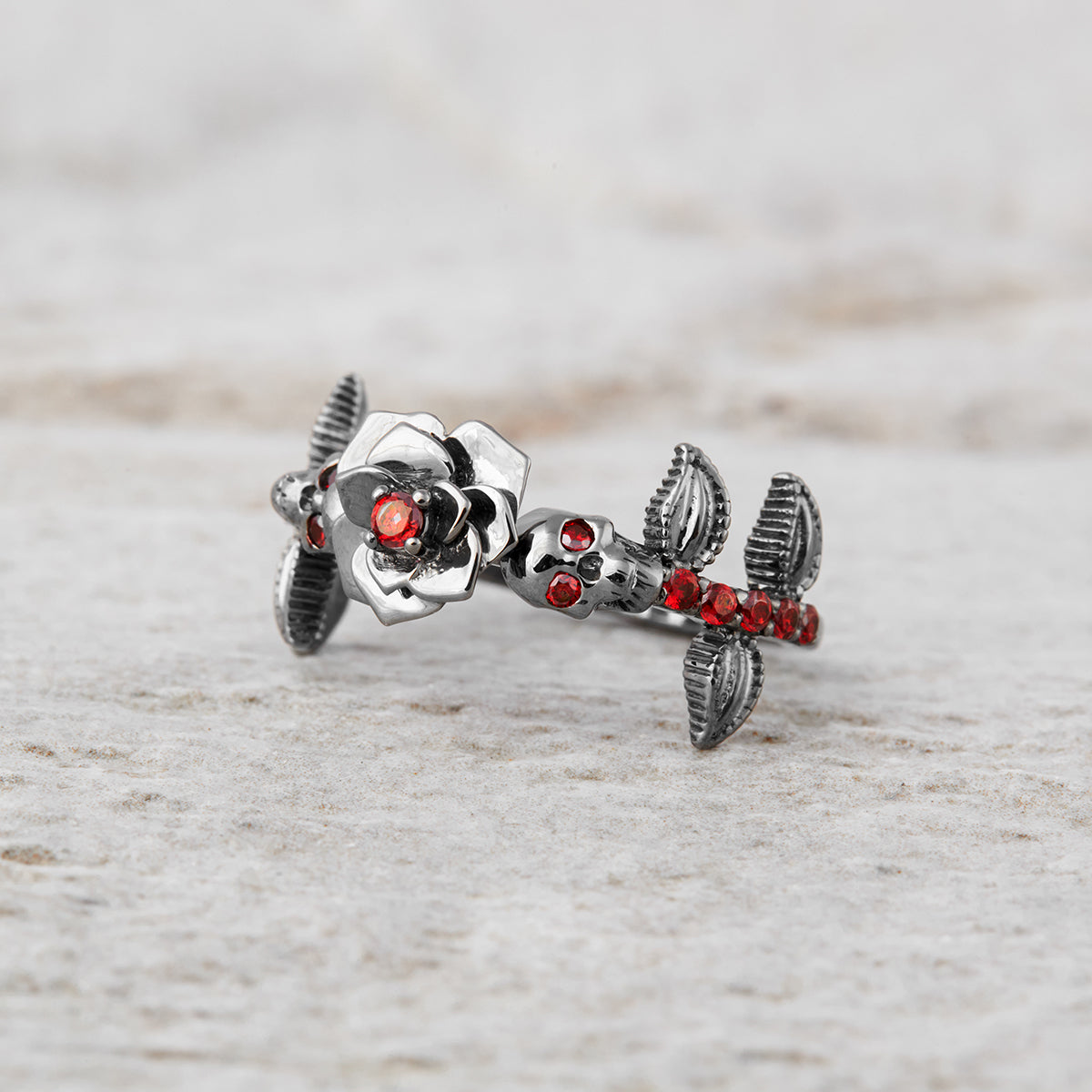Rose Skull Engagement Ring Red Garnet Flower Gothic Gun Metal