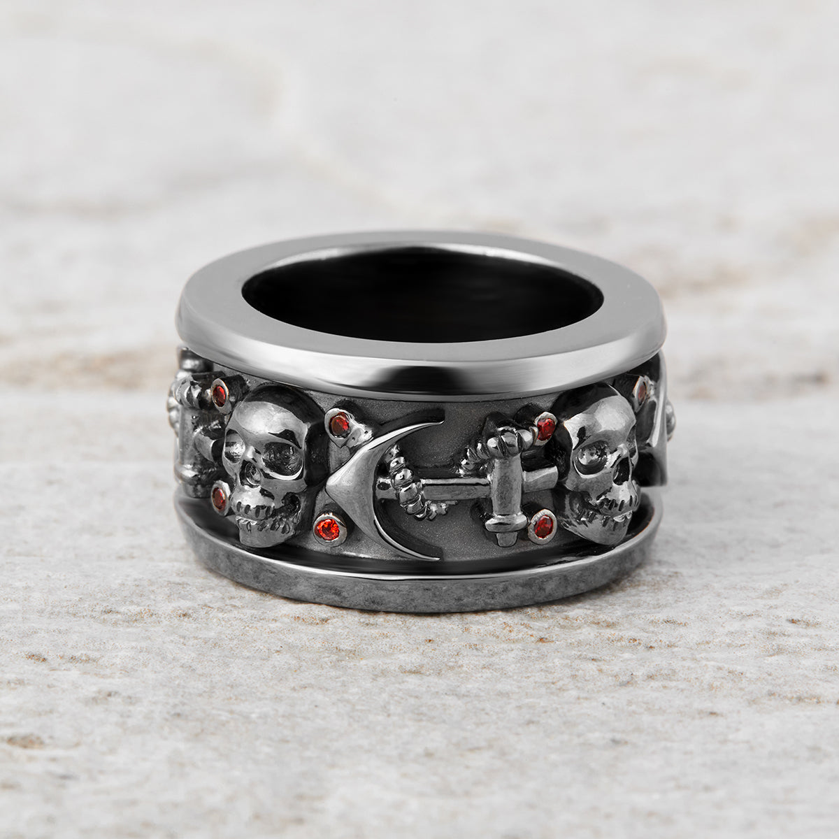 Badass Anchor Skull Band Red Garnet Gothic Skull Wedding Band Mens