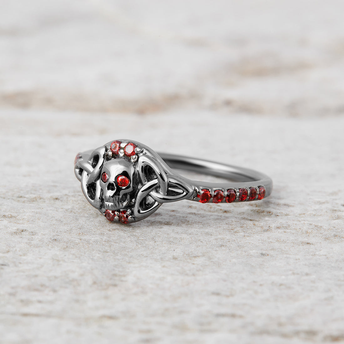 Trinity Skull Engagement Ring Red Garnet Skull Ring Gun Metal Fn