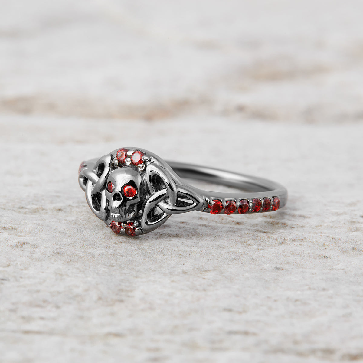 Trinity Skull Engagement Ring Red Garnet Skull Ring Gun Metal Fn