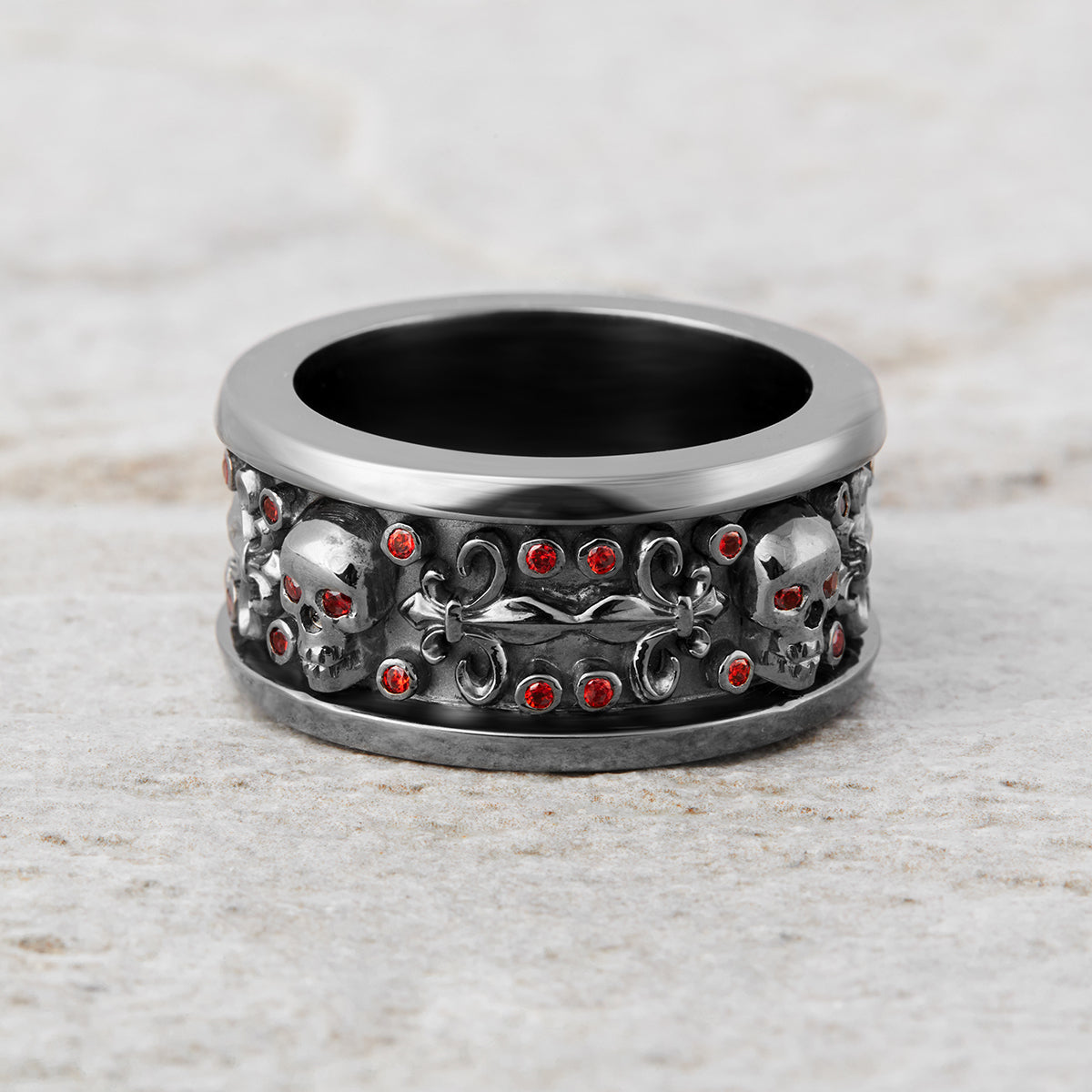 Garnet Skull Wedding Band Fleur De Lis Skull Band Badass Biker Ring