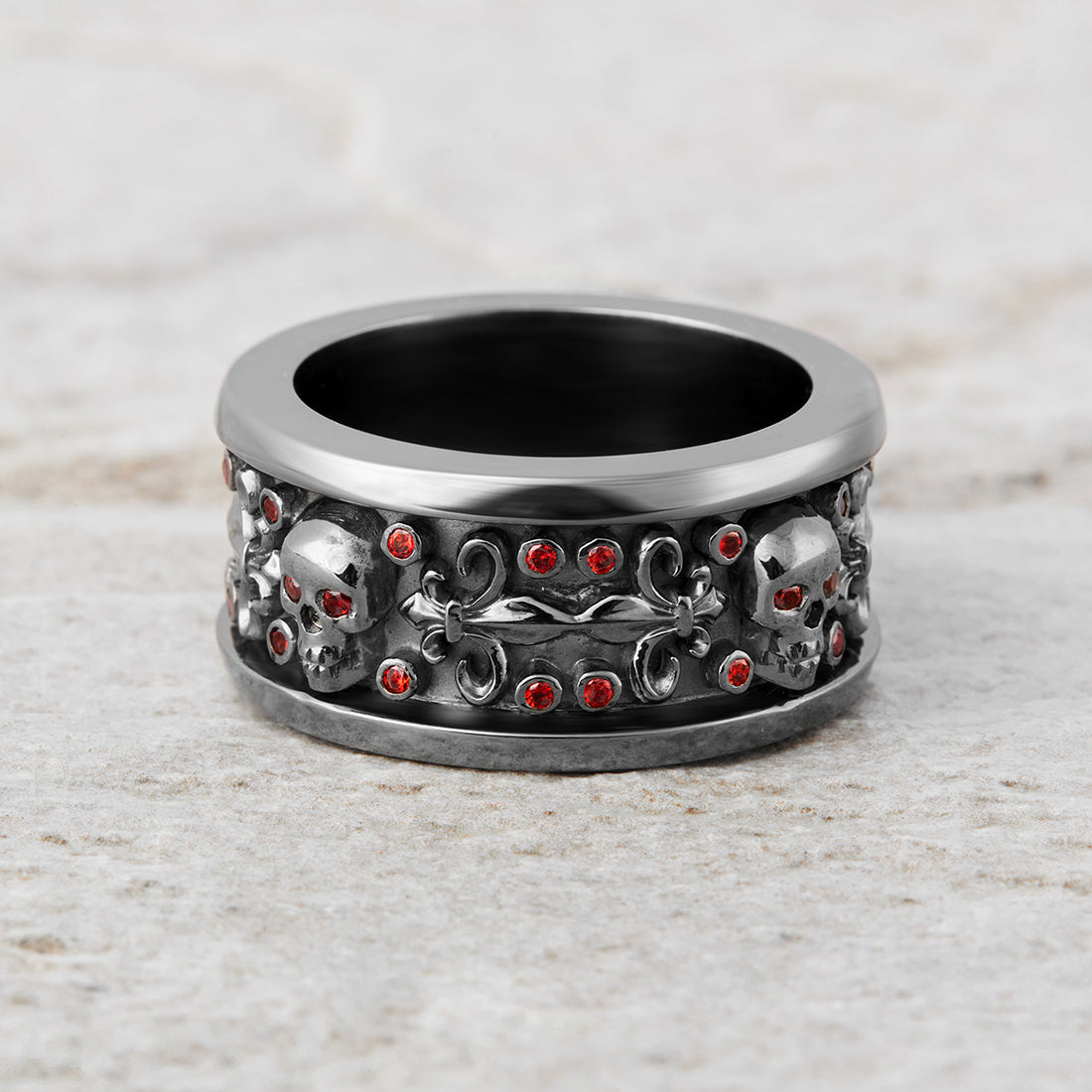 Garnet Skull Wedding Band Fleur De Lis Skull Band Badass Biker Ring