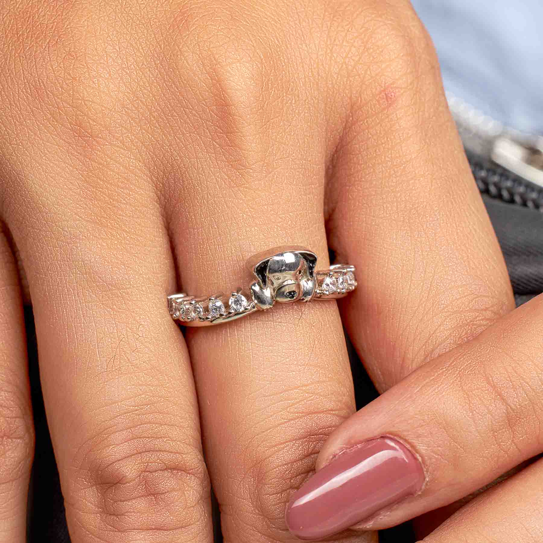 Sterling Silver Dog Ring Diamond Dog Wedding Band Animal Pet Jewelry Stacking