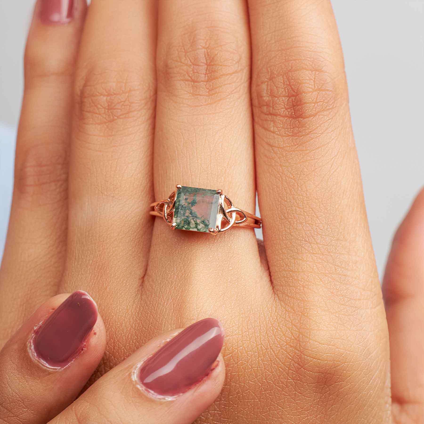 Princess Cut Solitaire Moss Agate Celtic Trinity Engagement Ring