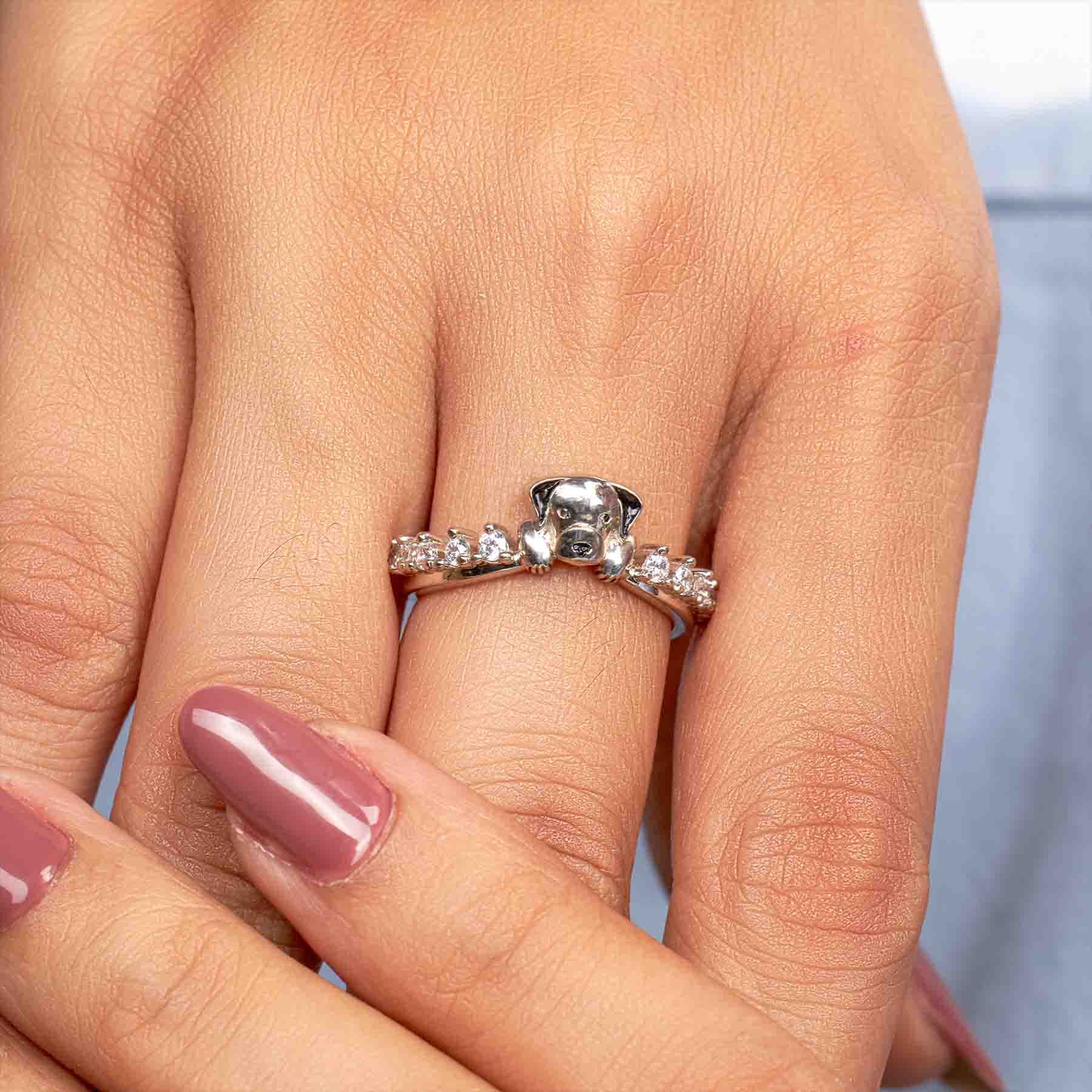 Sterling Silver Dog Ring Diamond Dog Wedding Band Animal Pet Jewelry Stacking