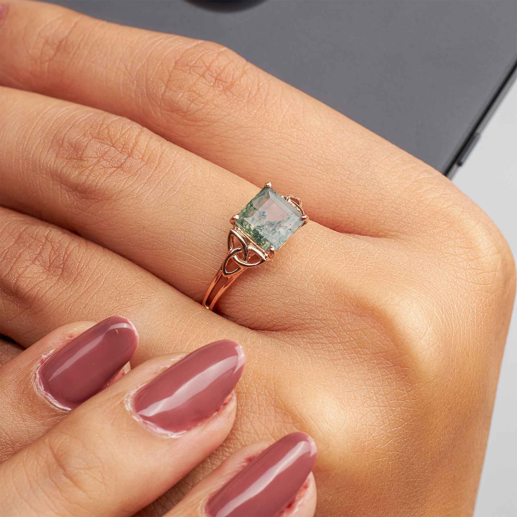 Princess Cut Solitaire Moss Agate Celtic Trinity Engagement Ring