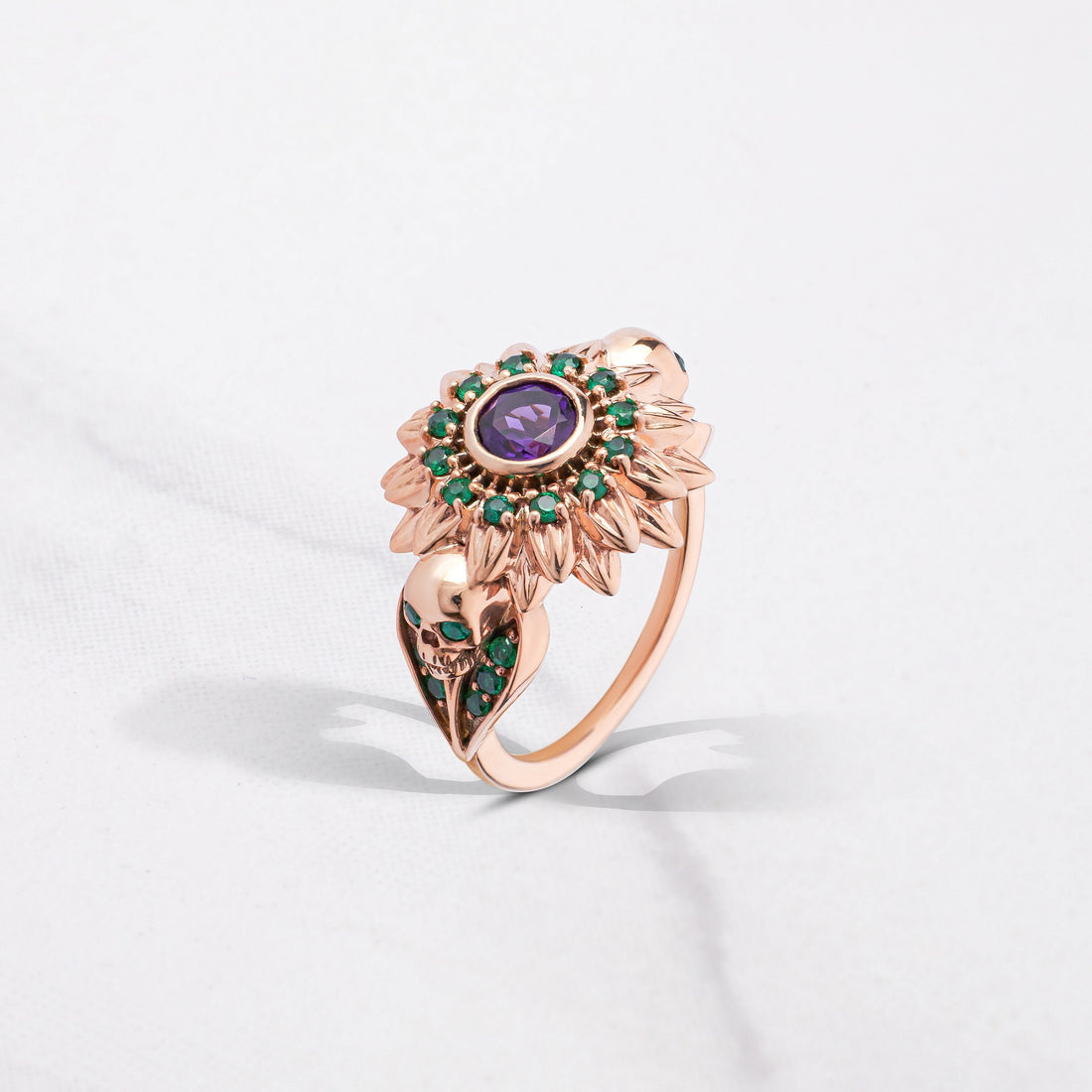 Skull and Flower Engagement Ring Rose Gold Gothic Wedding Rings Natural Purple Amethyst Green Emerald Gemstone