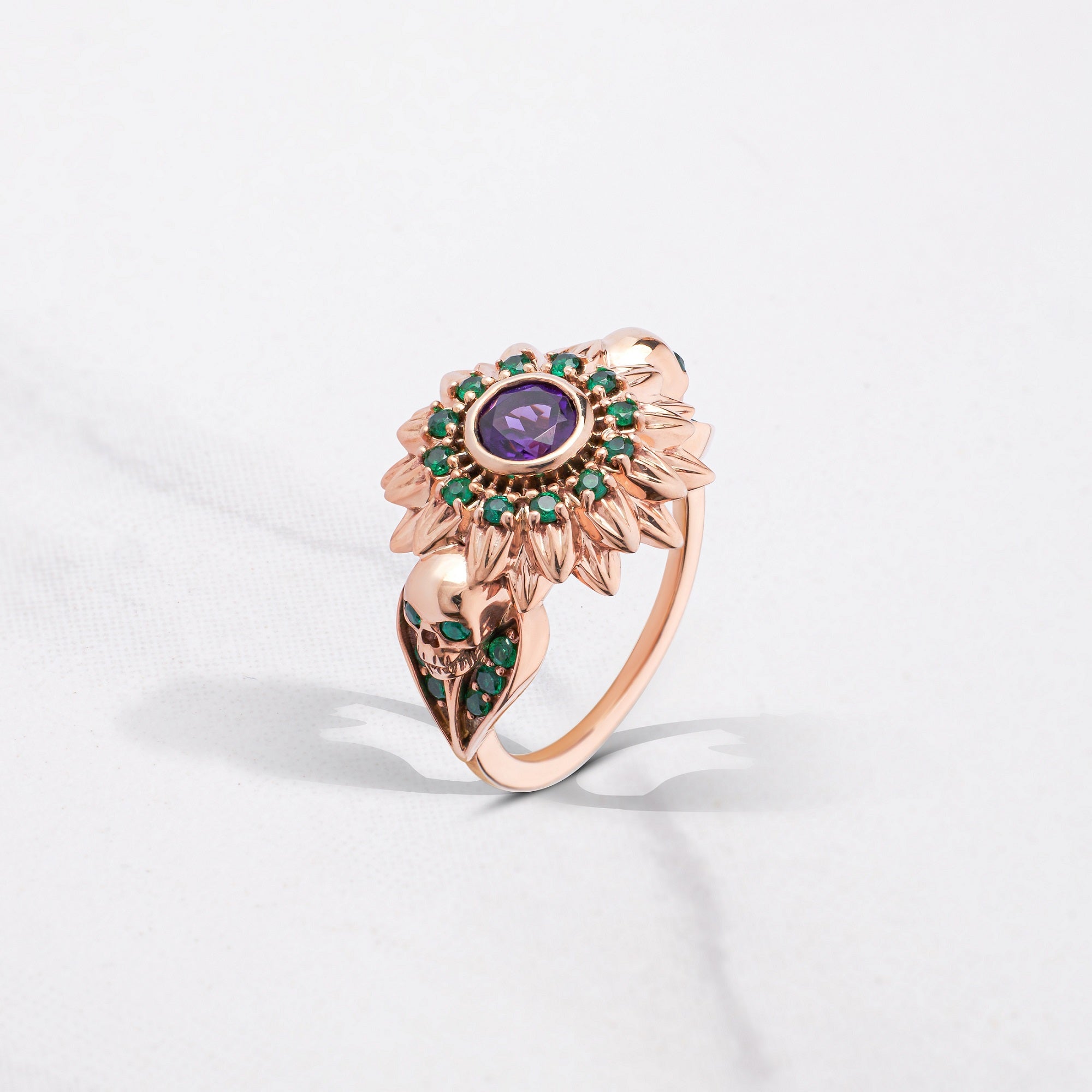 Skull and Flower Engagement Ring Rose Gold Gothic Wedding Rings Natural Purple Amethyst Green Emerald Gemstone