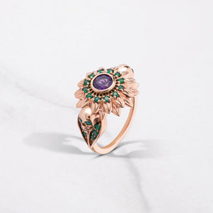 Natural Amethyst Skull Ring Flower Gothic Engagement Rings Gold
