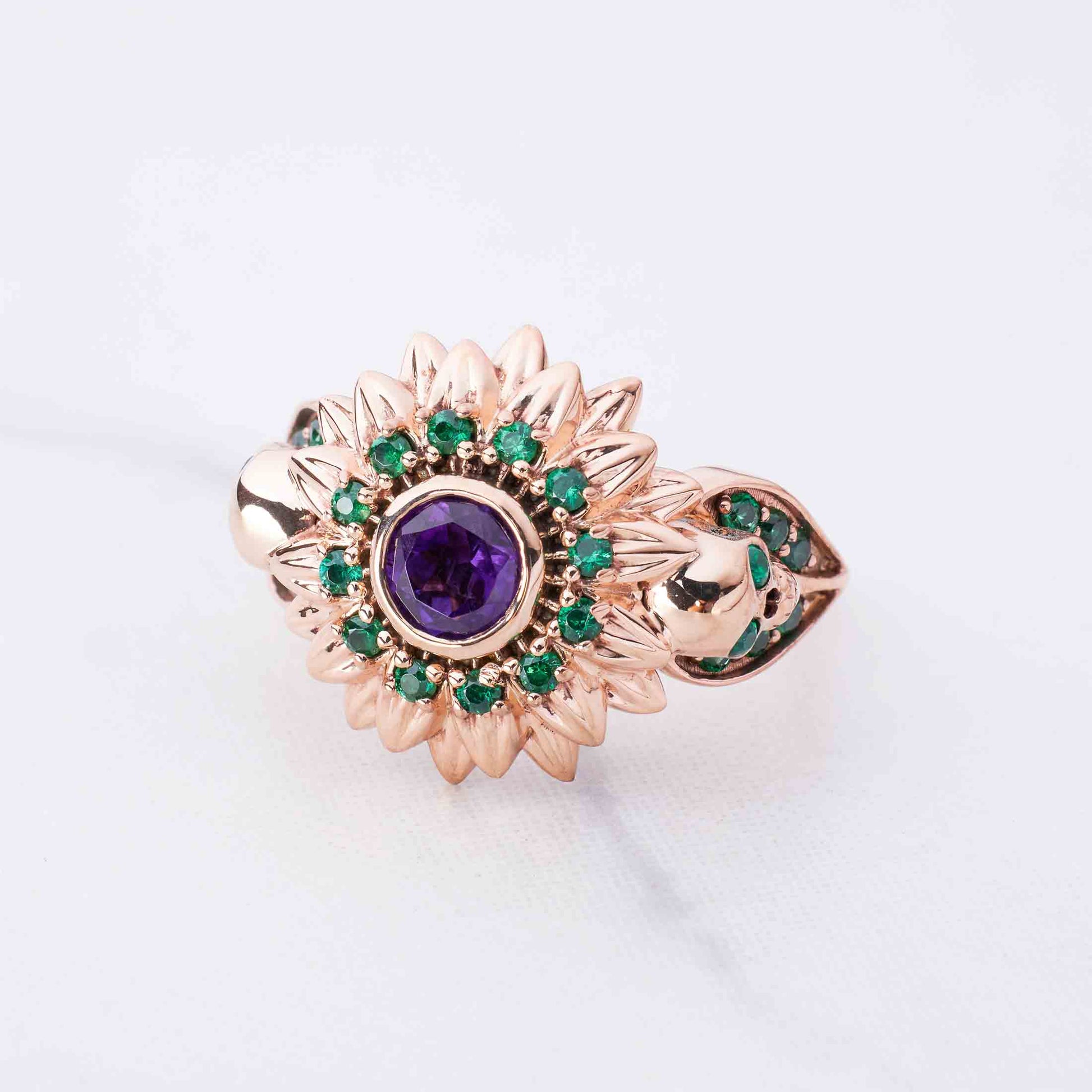 Skull and Flower Engagement Ring Rose Gold Gothic Wedding Rings Natural Purple Amethyst Green Emerald Gemstone