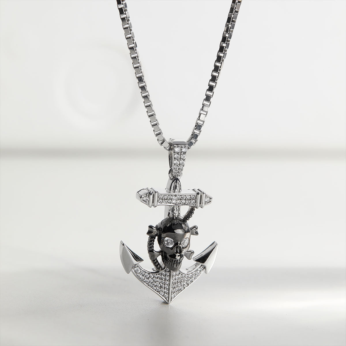 Skull and Anchor Necklace Two Tone Iced Out Gothic Jewelry Sterling Silver