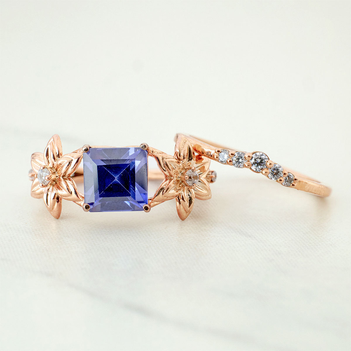 Nature Inspired Bridal Ring Set Blossom Flower Engagement Ring