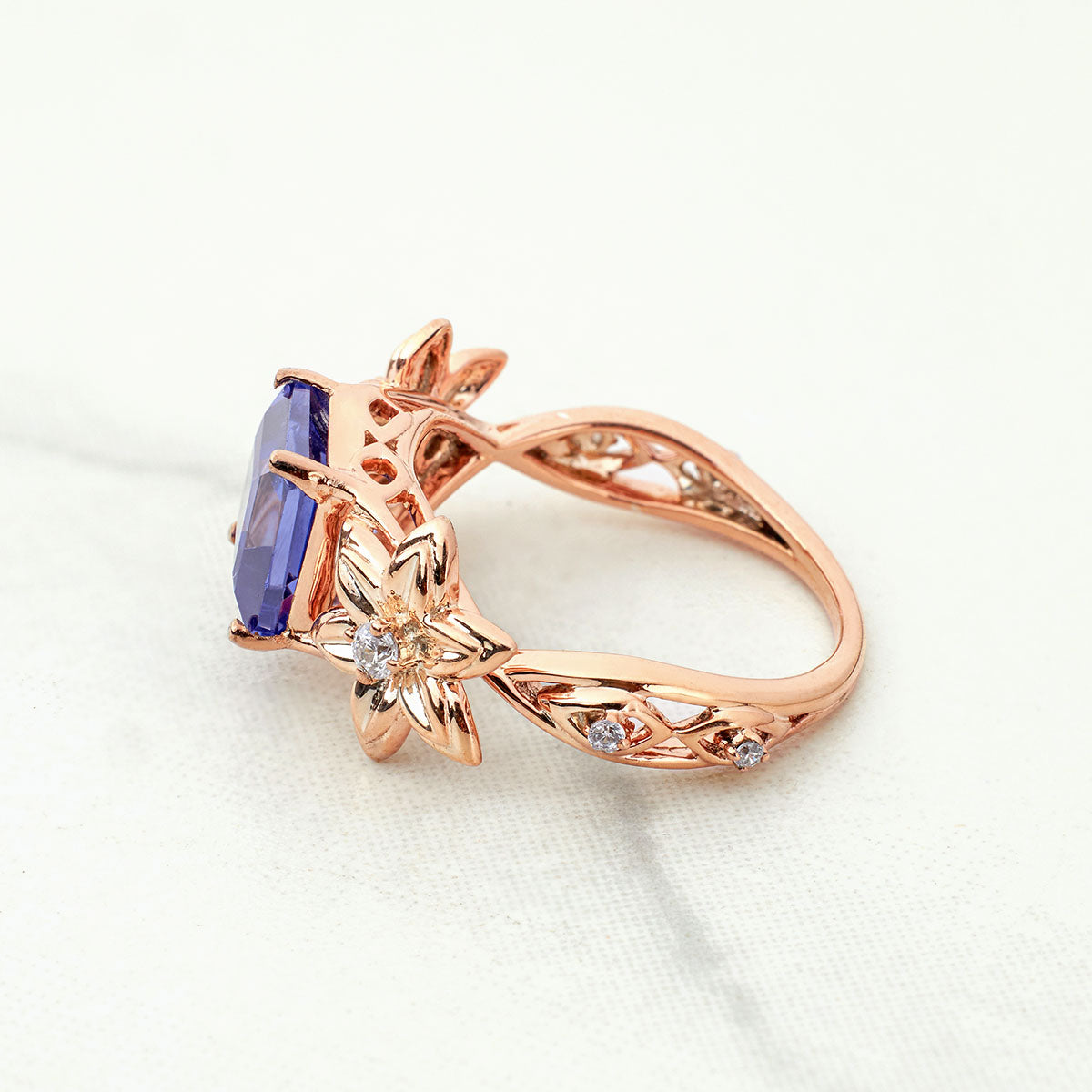 Princess Cut Titanic Gemstone Ring Flower Engagement Rings Art Nouveau Silver Gold
