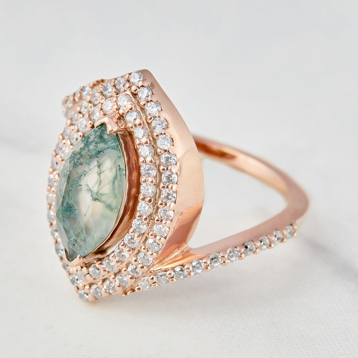 Moss Agate Double Halo Engagement Ring