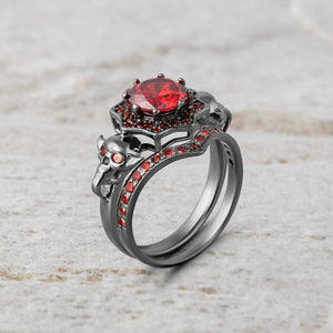 Vampire Skull Ring Set Red Garnet Gothic Skull Engagement Ring