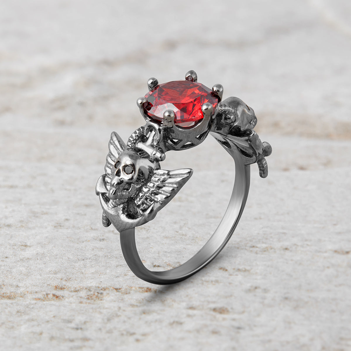 Anchor Wings Skull Engagement Ring Gothic Jewelry Red Garnet
