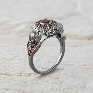 Skull Flower Engagement Ring Gothic Skull Ring Silver Gun Metal