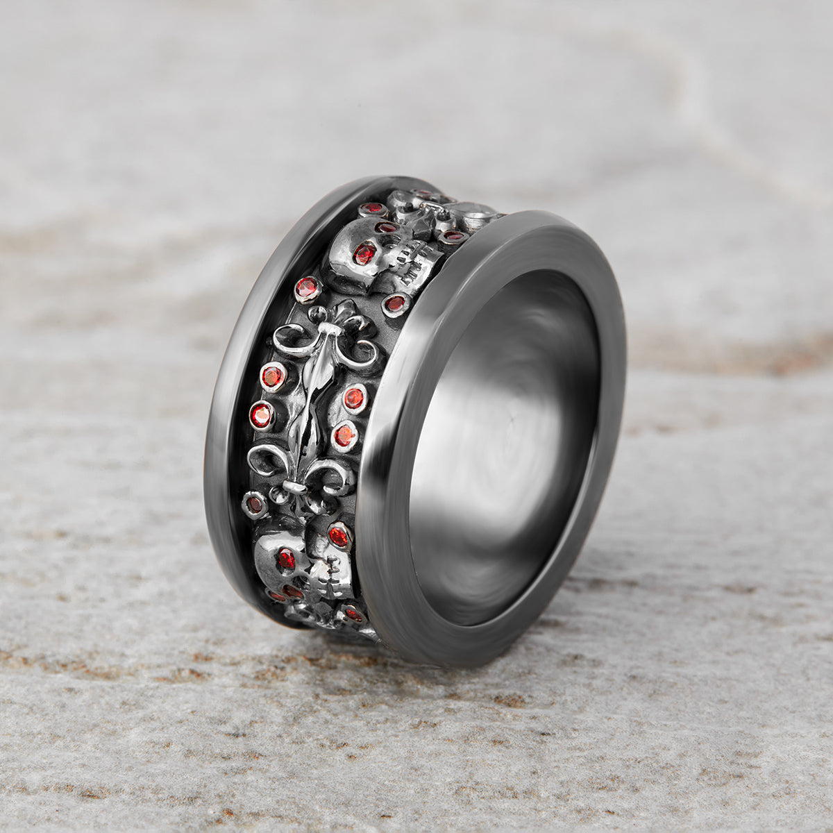 Garnet Skull Wedding Band Fleur De Lis Skull Band Badass Biker Ring
