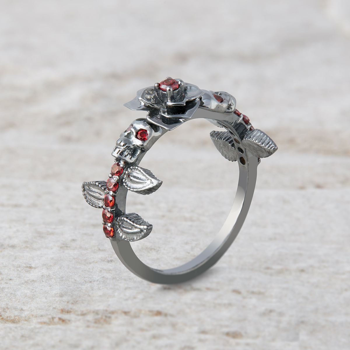 Rose Skull Engagement Ring Red Garnet Flower Gothic Gun Metal