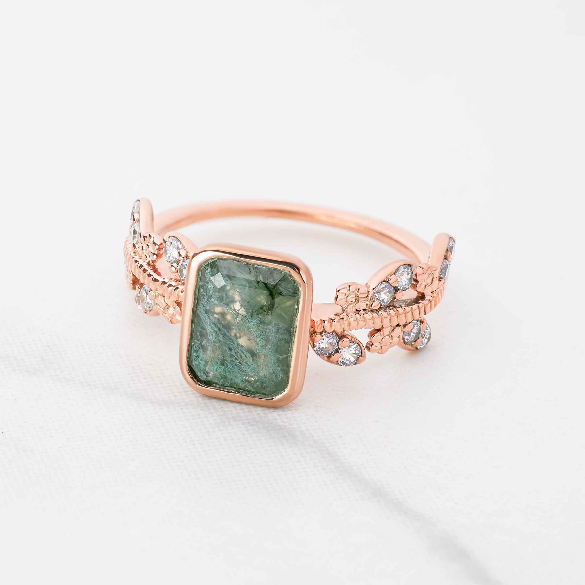 Natural Green Moss Agate Ring Healing Gemstone Art Deco Vintage Engagement Rings for Women Rose Gold