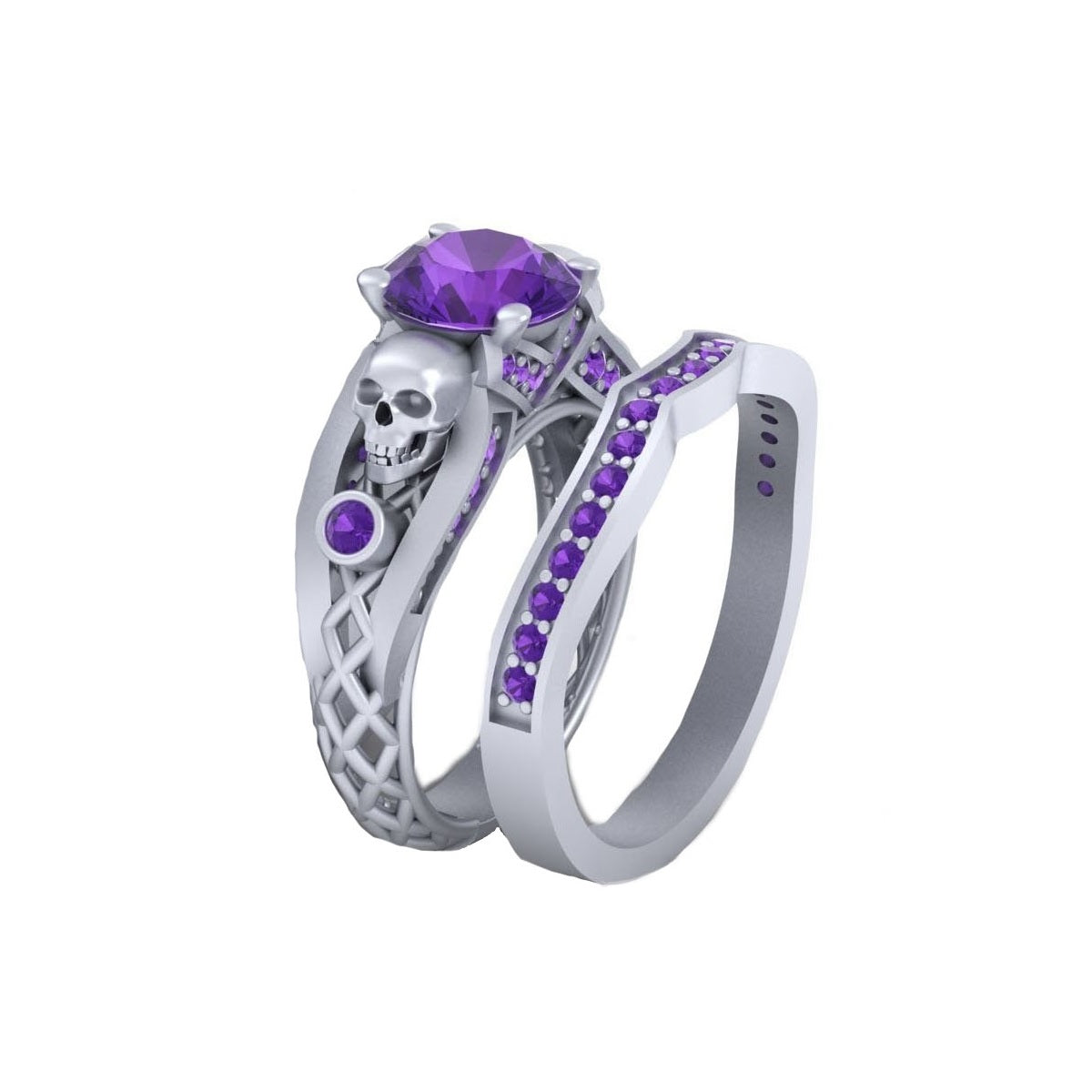Amethyst Skull Bridal Ring Set Mesh Gothic Rings Sterling Silver